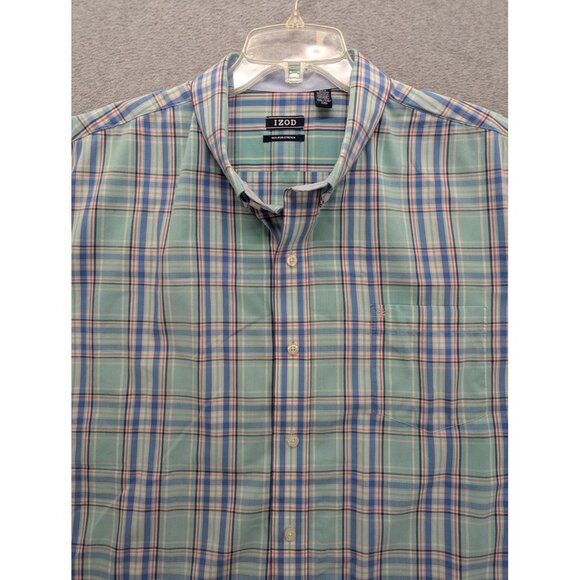 IZOD Shirt Mens 2XL Green Blue Plaid Short Sleeve Button Down Non-Iron Stretch - Picture 2 of 10